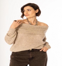 Maglia Traforata Donna Beige Con Scollo Sceso E Strass 1